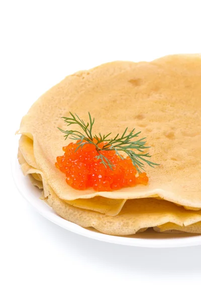 Stack of crepes with red caviar on a plate, isolated — Stock Photo, Image