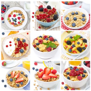 müsli ve meyveler, dokuz fotoğraf kolaj Kahvaltı