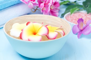 mavi bir kase ve havlu spa için çiçekler