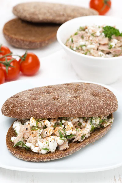 Sendvič žitného chleba s tuňákem, domácí sýr a koprem — Stock fotografie