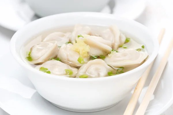 Caldo de galinha com bolinhos chineses, close-up — Fotografia de Stock