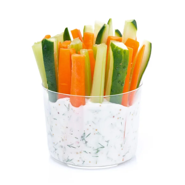 Fresh vegetables in a yoghurt sauce in a glass, close-up — Stock Photo, Image