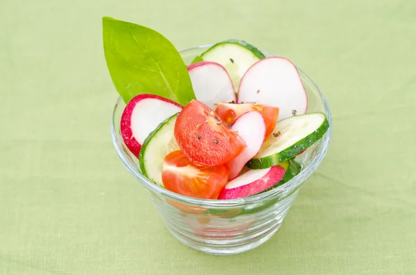 Świeża sałatka warzywna (pomidor, ogórek, rzodkiewka i szpinakiem) — Zdjęcie stockowe