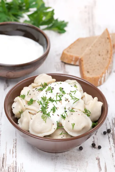 Traditional dumplings with sour cream and dill — Stock Photo, Image