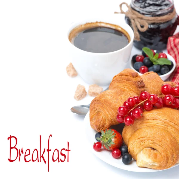 Heerlijk ontbijt met croissants en jam, geïsoleerd — Stockfoto