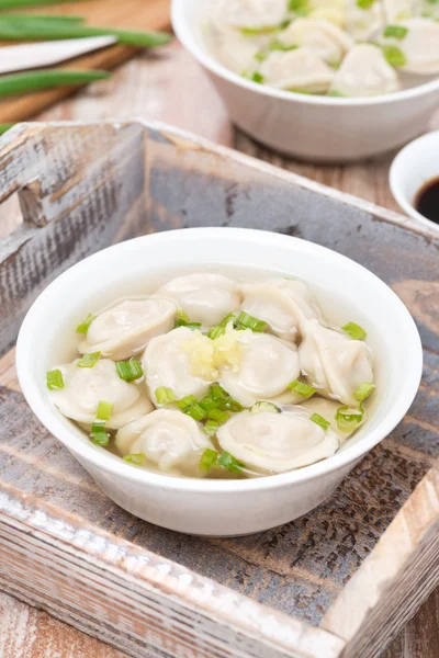 Chicken soup with Chinese dumplings, vertical — Stock Photo, Image