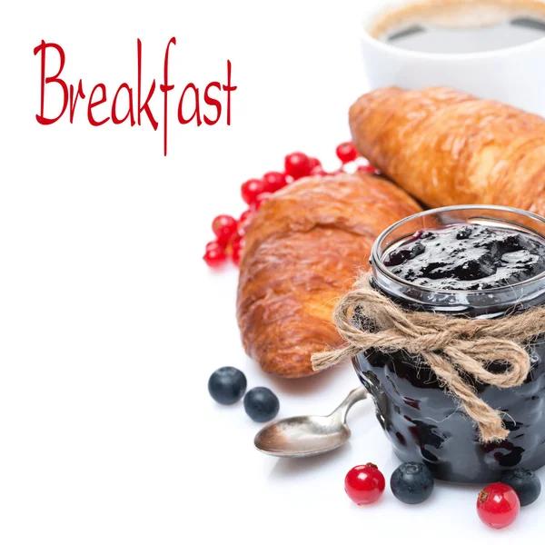 Jar of jam, fresh berries, croissants and coffee, isolated — Stock Photo, Image
