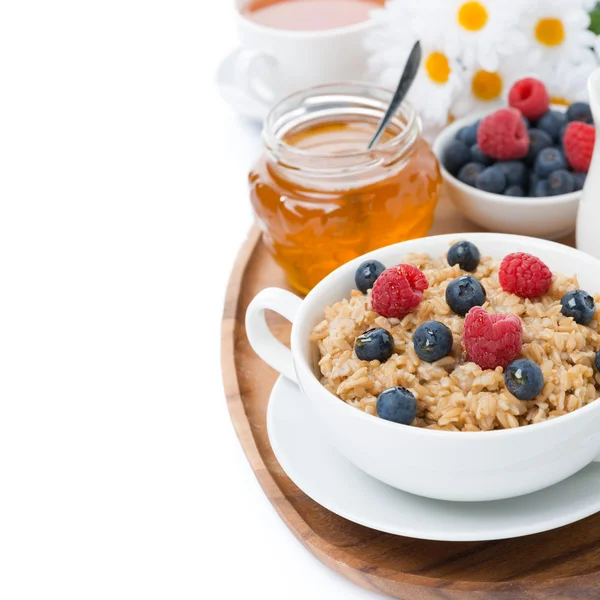 Oat porridge with berries and honey, isolated — Stock Photo, Image