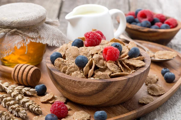 Wholegrain flakes with berries, honey and milk for breakfast — Stock Photo, Image