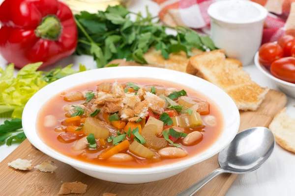 Minestrone with vegetables, beans and croutons — Stock Photo, Image