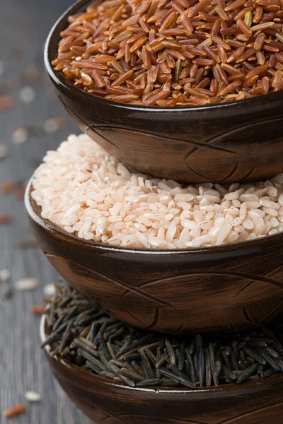 Arroz rojo, silvestre y rosa en un tazón de cerámica, primer plano — Foto de Stock