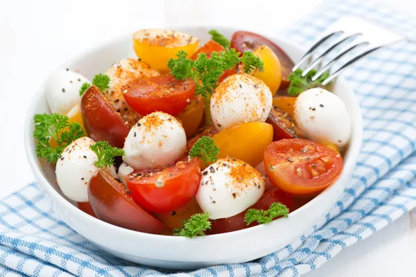 Salada com mussarela e tomates cereja coloridos em uma tigela — Fotografia de Stock