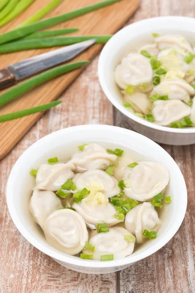 Chinese dumplings in chicken broth, vertical — Stock Photo, Image