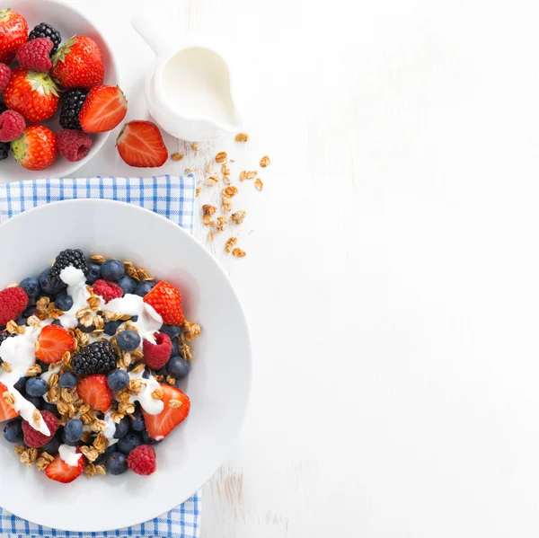 Verse bessen, yoghurt en zelfgemaakte muesli voor het ontbijt — Stockfoto