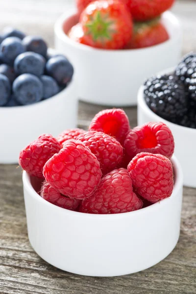 Fresh raspberries in a bowl and berries, closeup — Stock Photo, Image