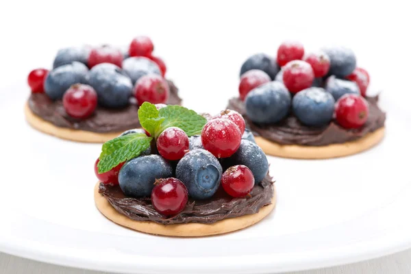 Міні торти з шоколадним кремом і ягодами на тарілці — стокове фото