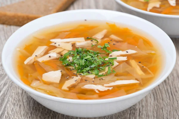 Vegetable soup with chicken, close-up — Stock Photo, Image
