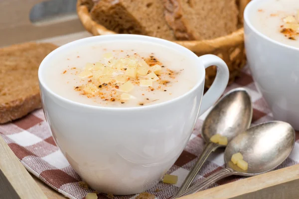 Sup krim yang lezat dari kembang kol dengan keju dan lada — Stok Foto