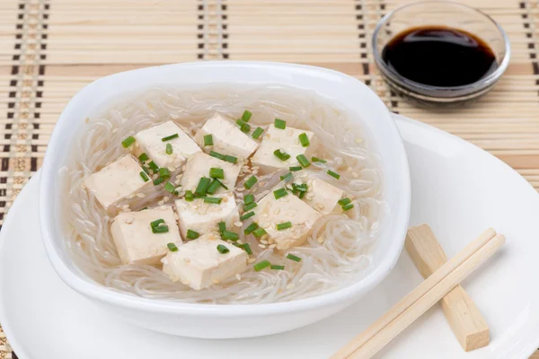 Soup with rice noodles and marinated tofu — Stock Photo, Image