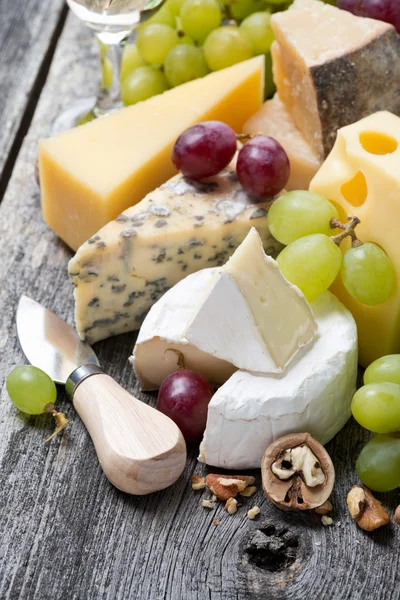 Assortment of fresh cheeses, grapes and walnuts — Stock Photo, Image