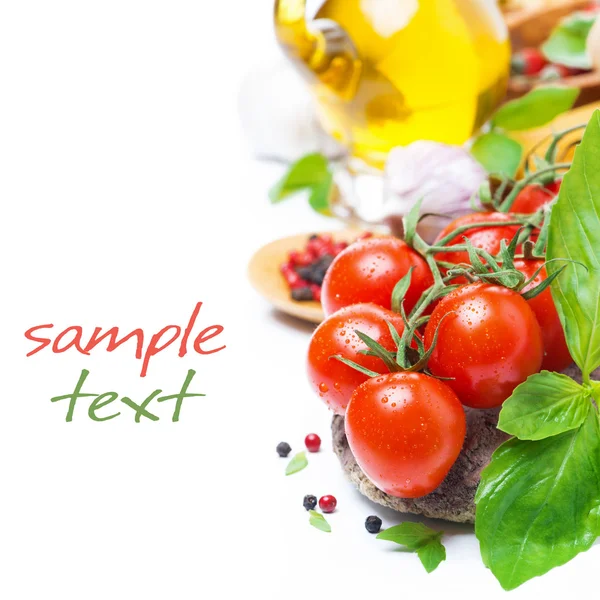 Fresh cherry tomatoes, basil and spices, isolated — Stock Photo, Image