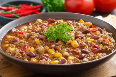 Meksika yemeği chili con carne, yakın çekim