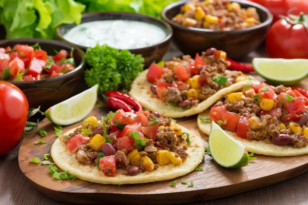Mexikanische Küche - Tortillas mit Chili con Carne, Tomatensalsa — Stockfoto