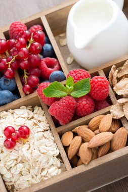 Kahvaltı öğeleri - yulaf ezmesi, granola, fındık, çilek kutusu