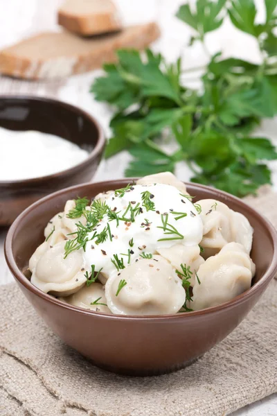 Traditionele Russische dumplings met zure room en dille, verticale — Stockfoto