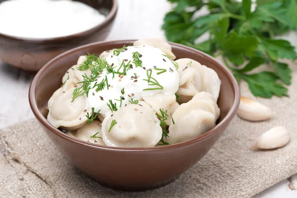 Traditionele Russische dumplings met zure room en dille — Stockfoto