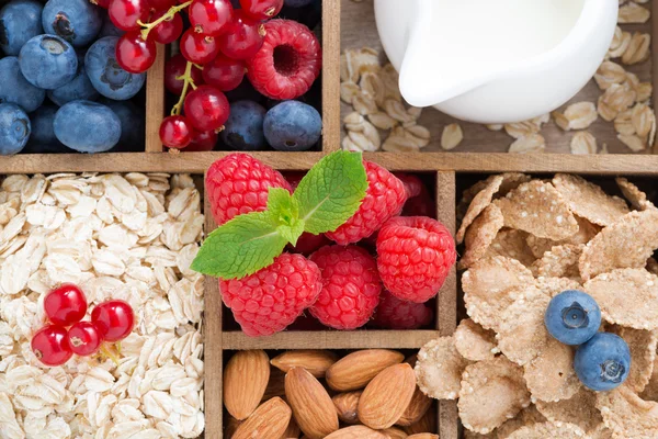 Alimentos para el desayuno - harina de avena, granola, frutos secos, bayas y leche —  Fotos de Stock