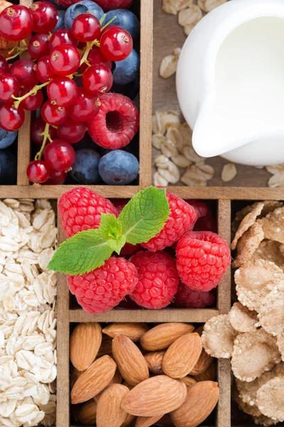 Foods for breakfast - oatmeal, granola, nuts, berries and milk — Stock Photo, Image