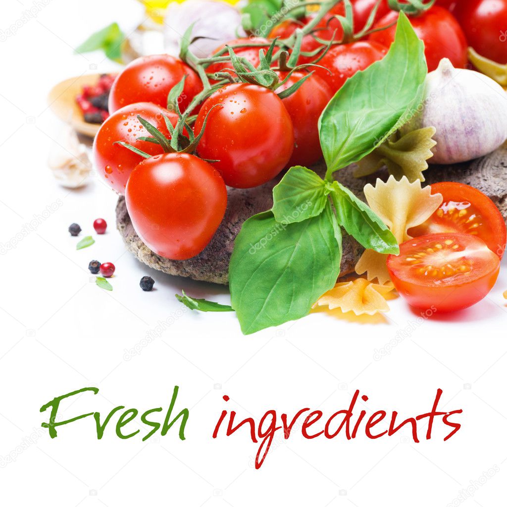 Italian food ingredient - fresh cherry tomatoes, basil and pasta