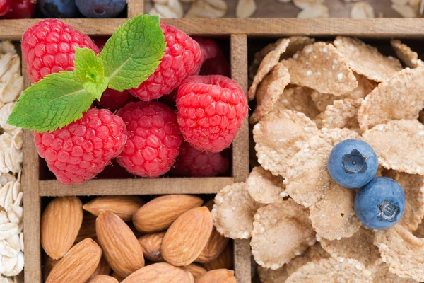 Élelmiszereket Reggeli - zabliszt, granola, diófélék és gyümölcsök — Stock Fotó