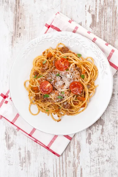 Comida italiana - espaguete bolonhesa, vista superior — Fotografia de Stock