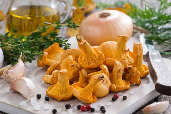 Fresh chanterelles and ingredients for cooking — Stock Photo, Image