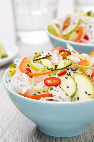 Deliciosa salada tailandesa com legumes, macarrão de arroz e frango — Fotografia de Stock