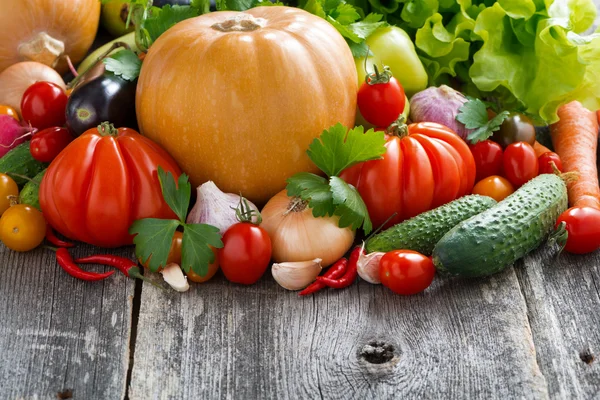 Harvest of seasonal fresh vegetables on wooden background — Stock Photo, Image