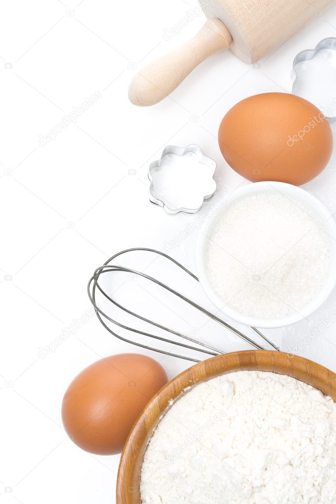ingredients for baking, top view, isolated