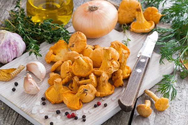 Fresh chanterelles and ingredients for cooking on wooden board — Stock Photo, Image