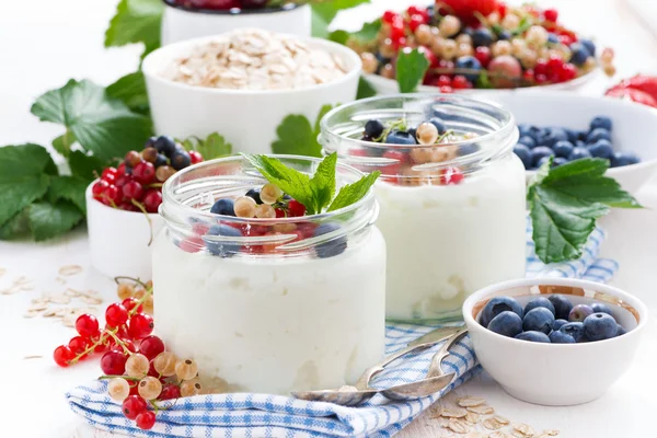 Homemade yogurt with fresh berries and breakfast foods — Stock Photo, Image