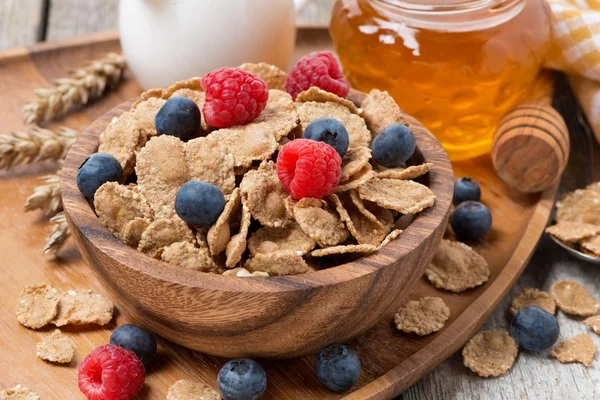 Wholegrain flakes with fresh berries, honey and milk — Stock Photo, Image