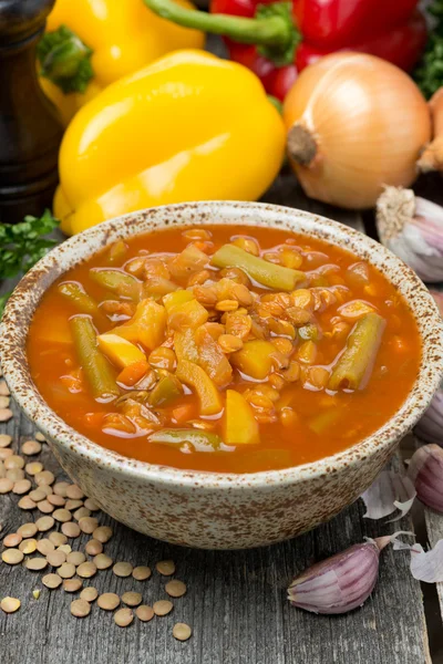 Sopa de tomate com lentilhas e legumes, vertical — Fotografia de Stock