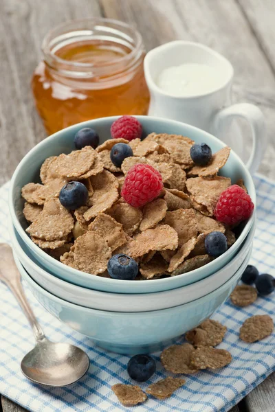 Cereals, berries, honey and milk, close-up — Stock Photo, Image