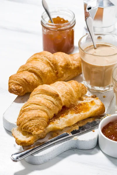 Croissants Orange Jam Coffee Milk Breakfast Vertical Top View — Stock Photo, Image