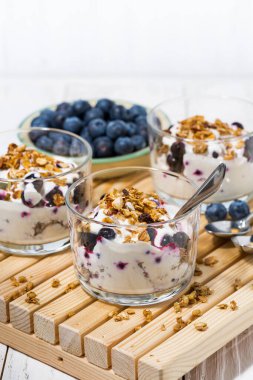 Sağlıklı kahvaltılı bardaklar yaban mersinli, yoğurtlu ve tahıllı, dikey manzaralı.