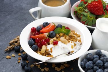 Kahvaltı için taze böğürtlen ve yoğurtlu müsli koyu arka planda, yatay
