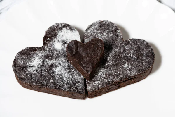 Heart Shaped Brownie Cakes White Plate Closeup — Stock Photo, Image