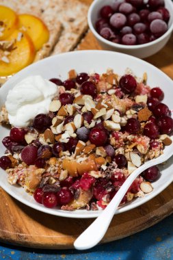 Kahvaltıda taze böğürtlenlerle ufalanır, yakın plan.