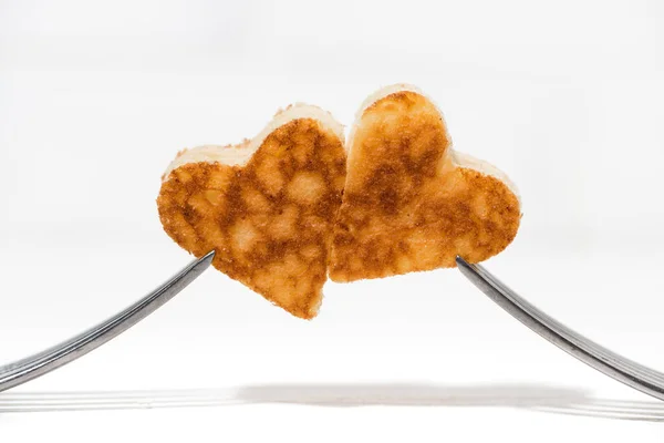 Two Pancakes Shape Heart Forks White Background Closeup — Stock Photo, Image